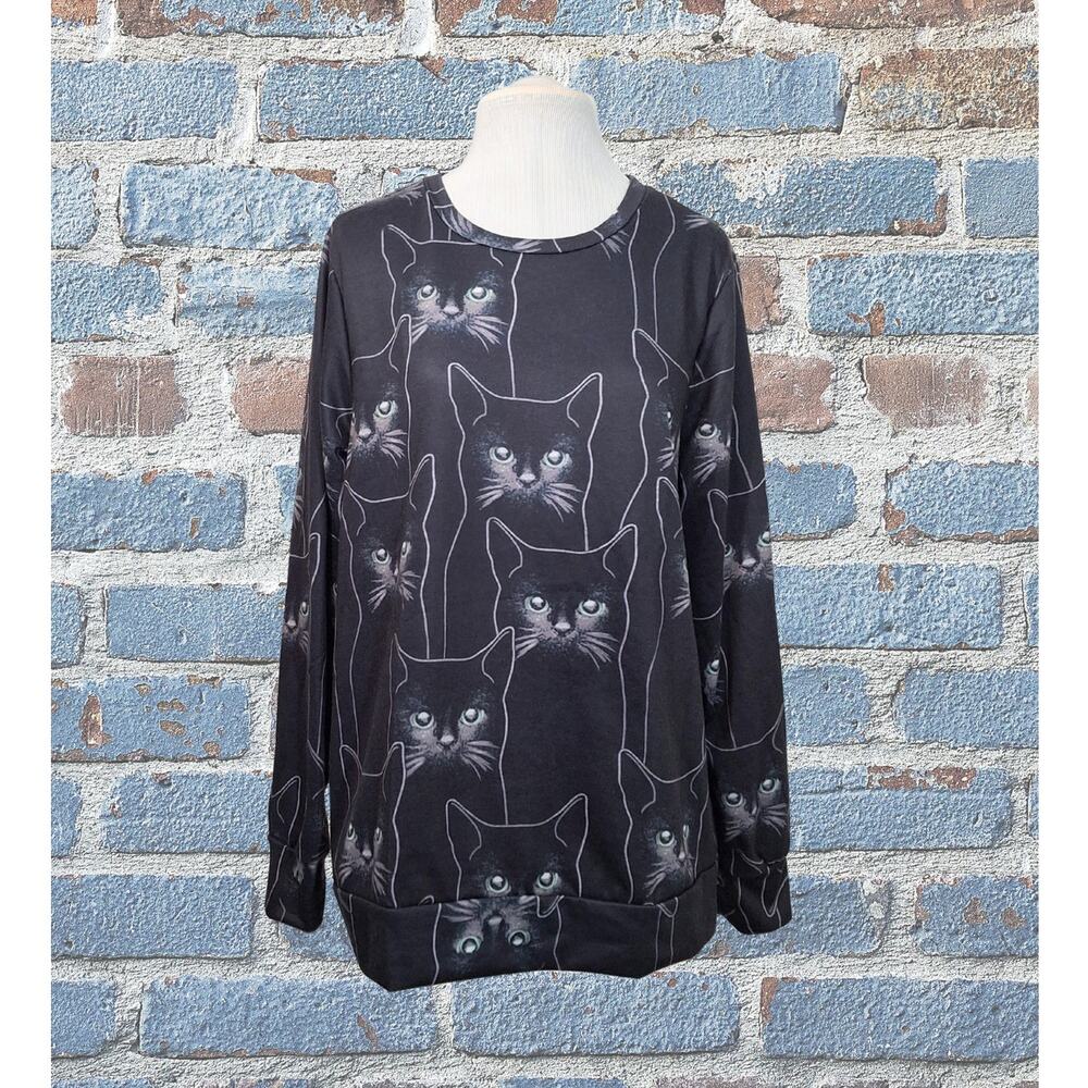 MissLook XL Kitty Cat Black and Gray Long Sleeve Top